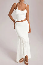Light Yellow Lace Cami Ruffle Crop Top High Waist Skirt Sets image 4