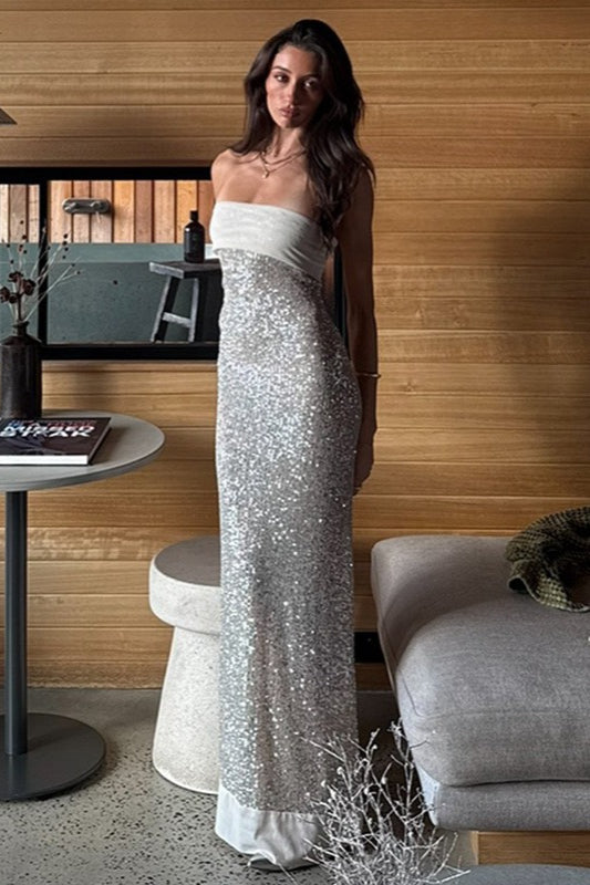 Sexy Strapless Solid Color Slim Fit Long Sequin Prom Dress image 7