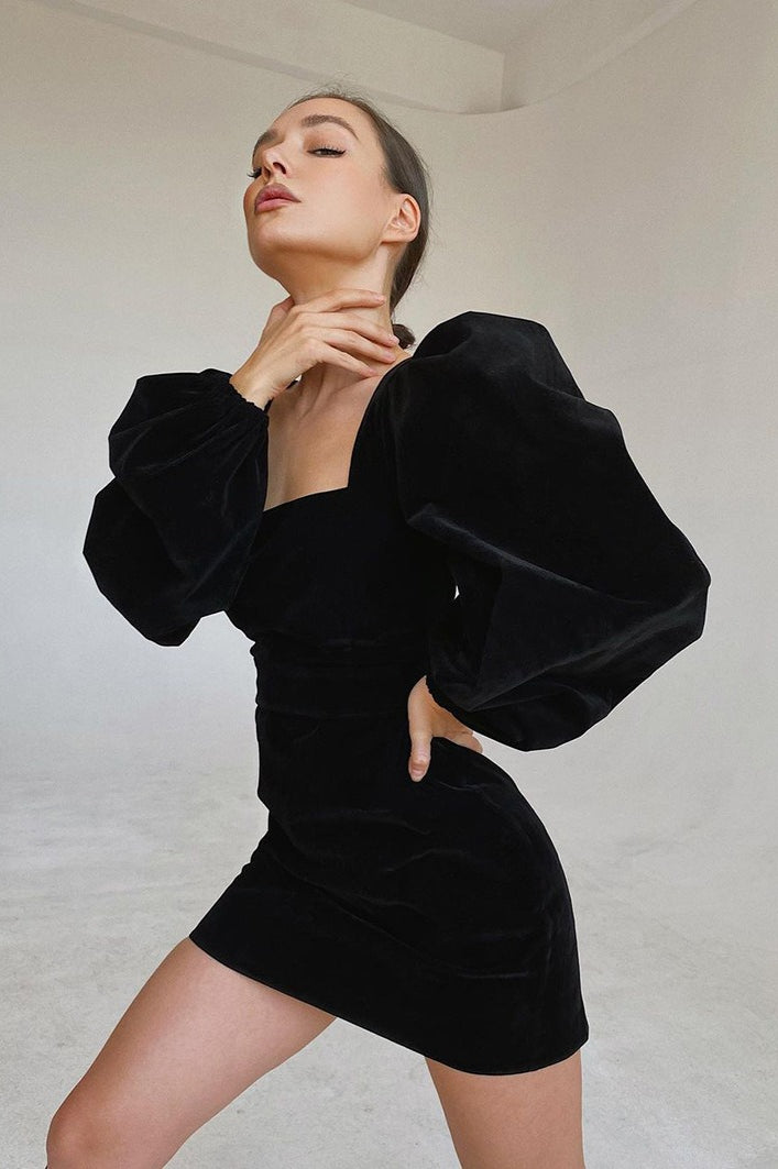 Vintage Puff Sleeve Velvet Black Mini Dress image 2
