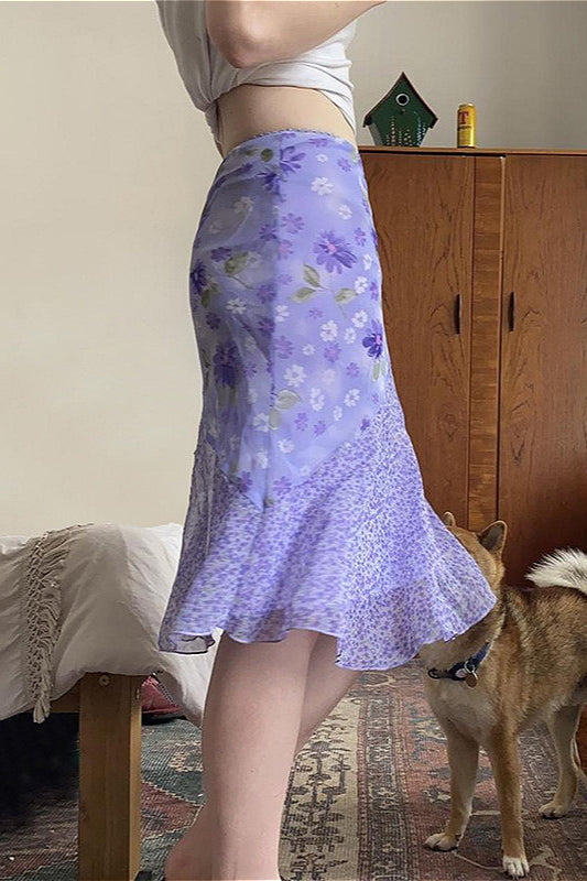 Floral Purple Patchwork Asymmetrical Tulle High Waist Skirt image 2
