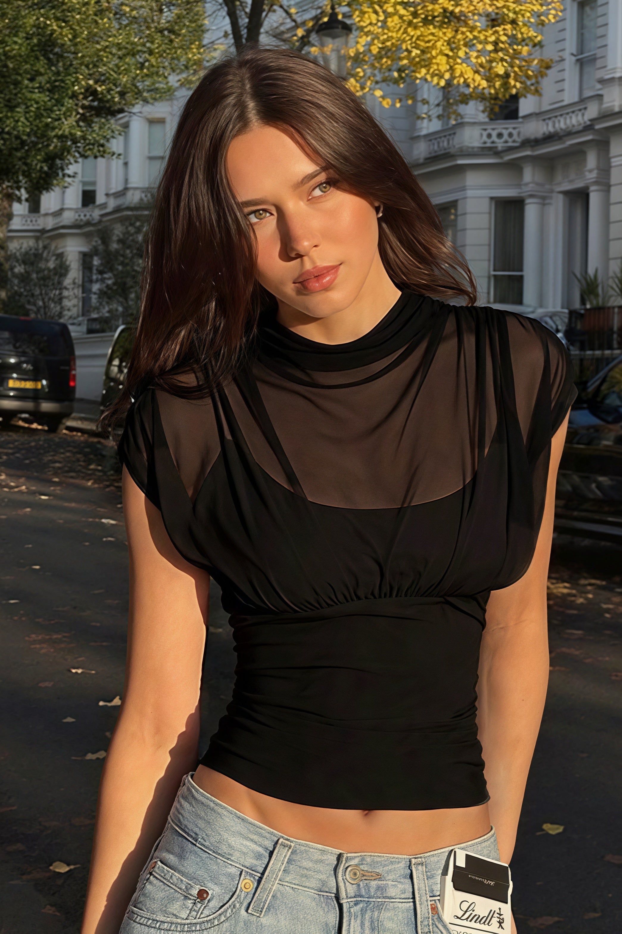 Solid Color Round Neck Mesh Sleeveless Blouse image 6