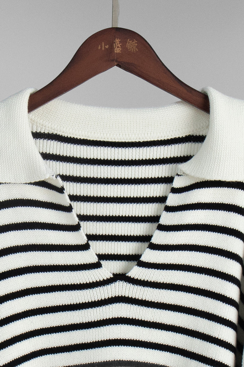 Striped Polo Neck Loose Fit Knit Sweater image 6