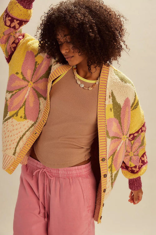 Abstract Print Lapel Long Sleeve Knit Sweater image 1