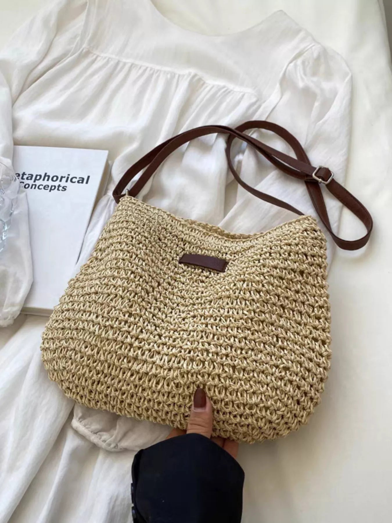 Aveline Straw Crossbody detail view styled for Avrienne