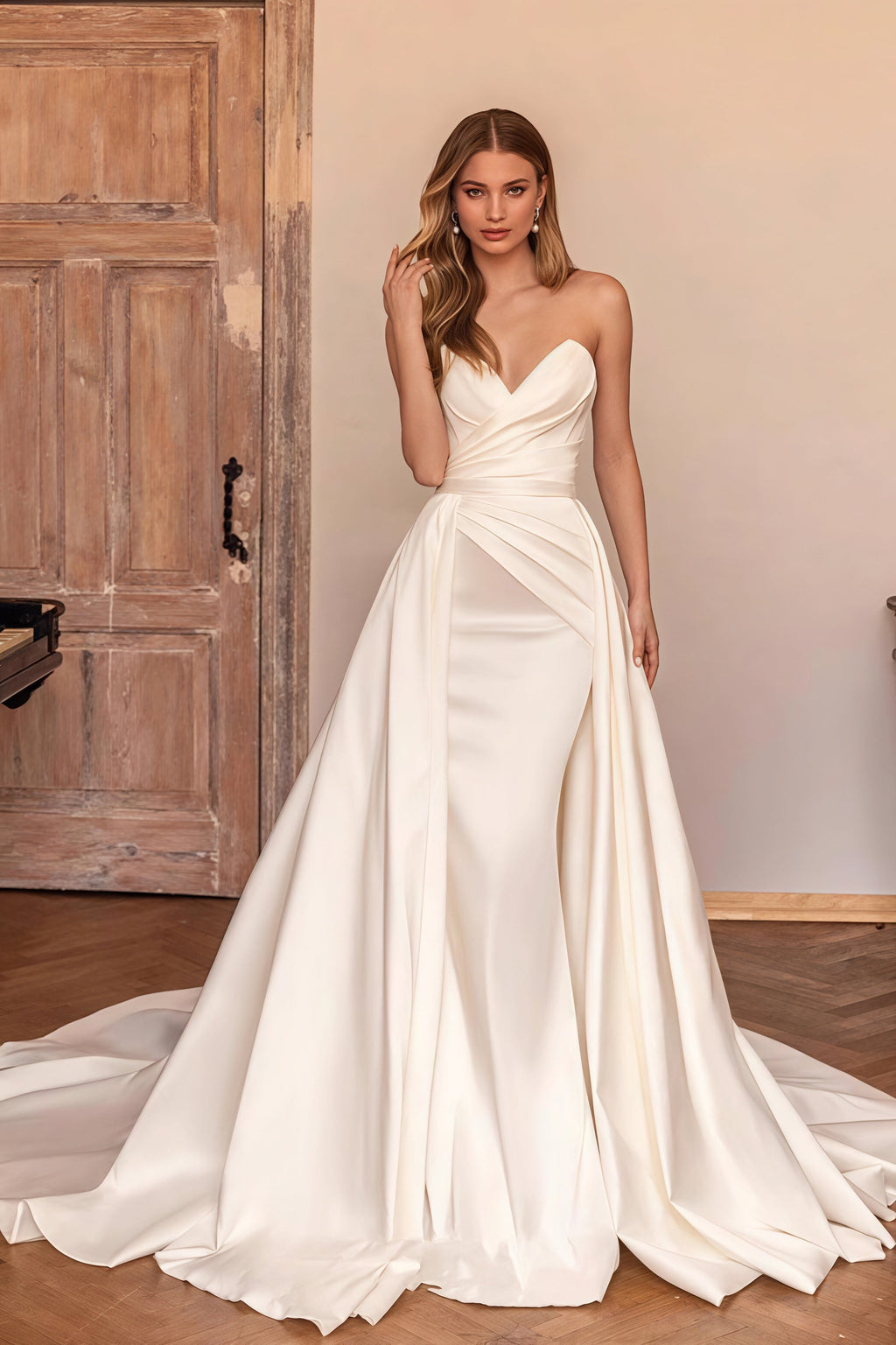 Satin Strapless Bodycon Detachable Train Wedding Dress image 1