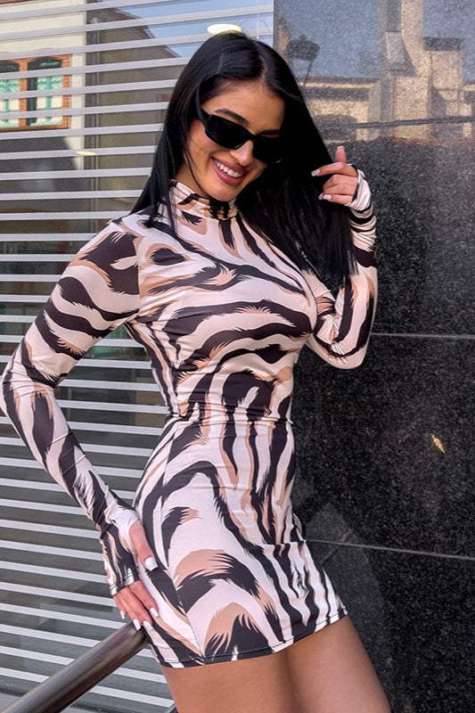 Bodycon Zebra Long Sleeve Print Mini Dress image 1