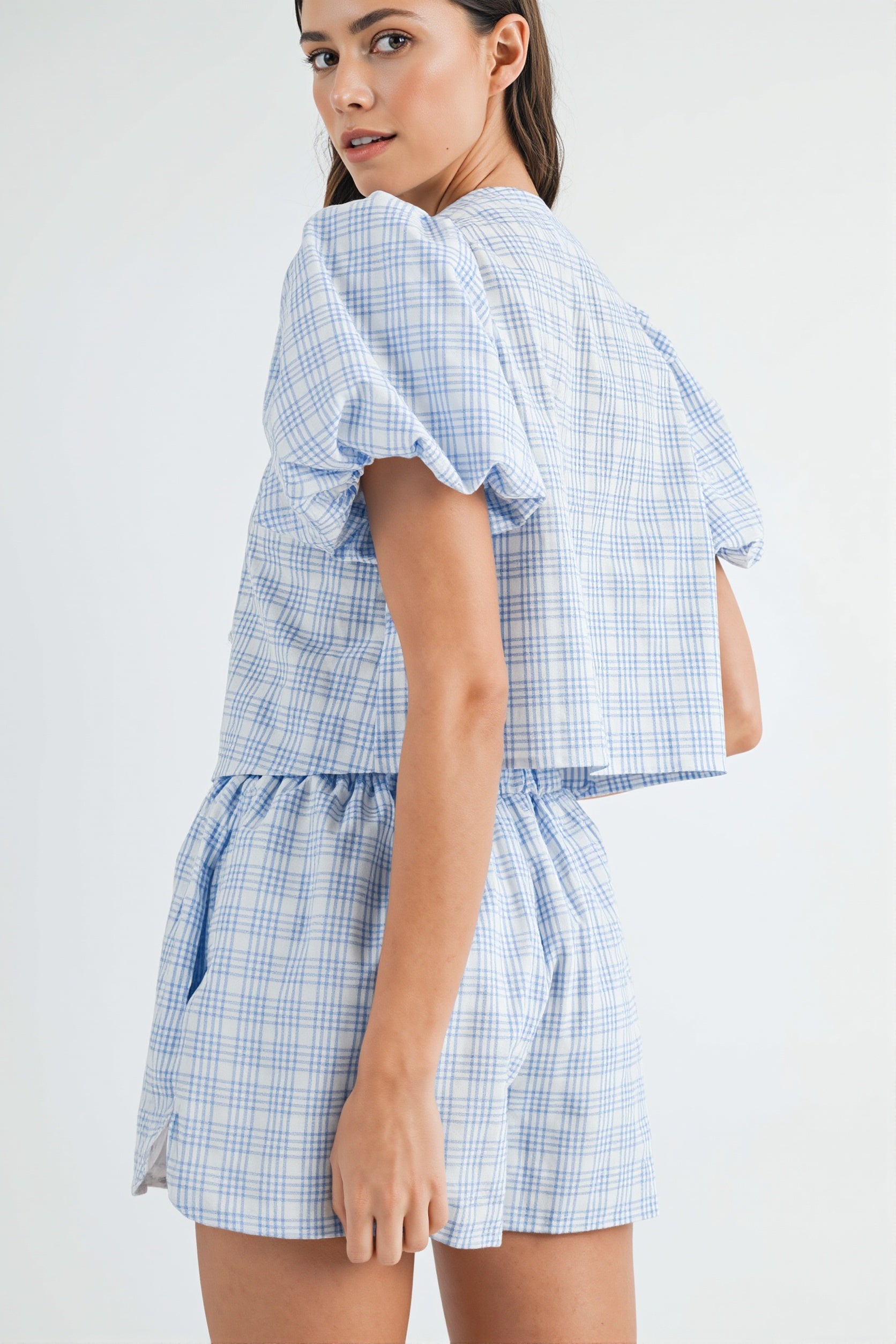Bow Tie Puff Sleeve Plaid Two Piece Set image 2