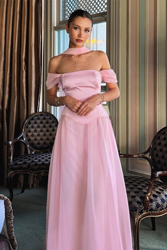 Elegant Satin Mesh Off Shoulder Prom Dress image 3