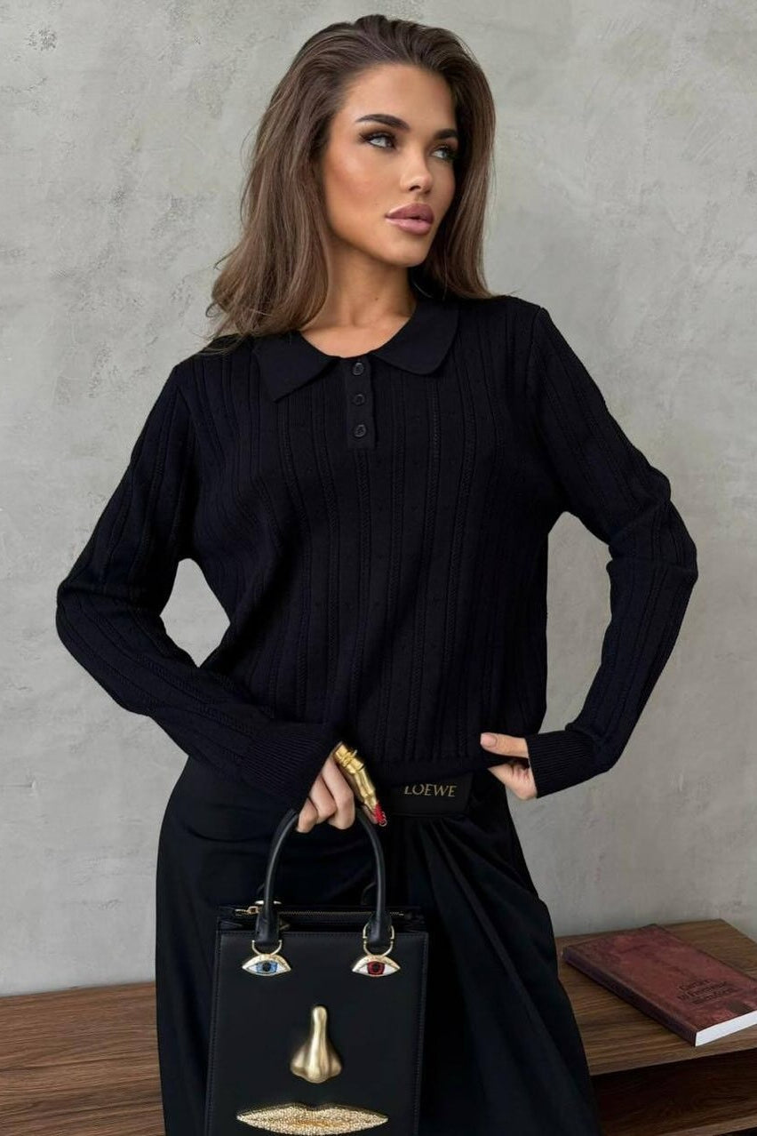 Jacquard Polo Collar Long Sleeve Loose Blouse image 15