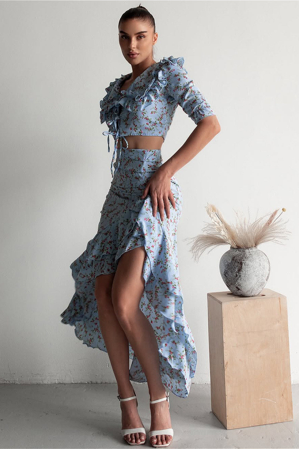 Floral Light Blue Ruffled Split Midi Skirt Two Piece Set image 2