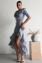 Floral Light Blue Ruffled Split Midi Skirt Two Piece Set image 2