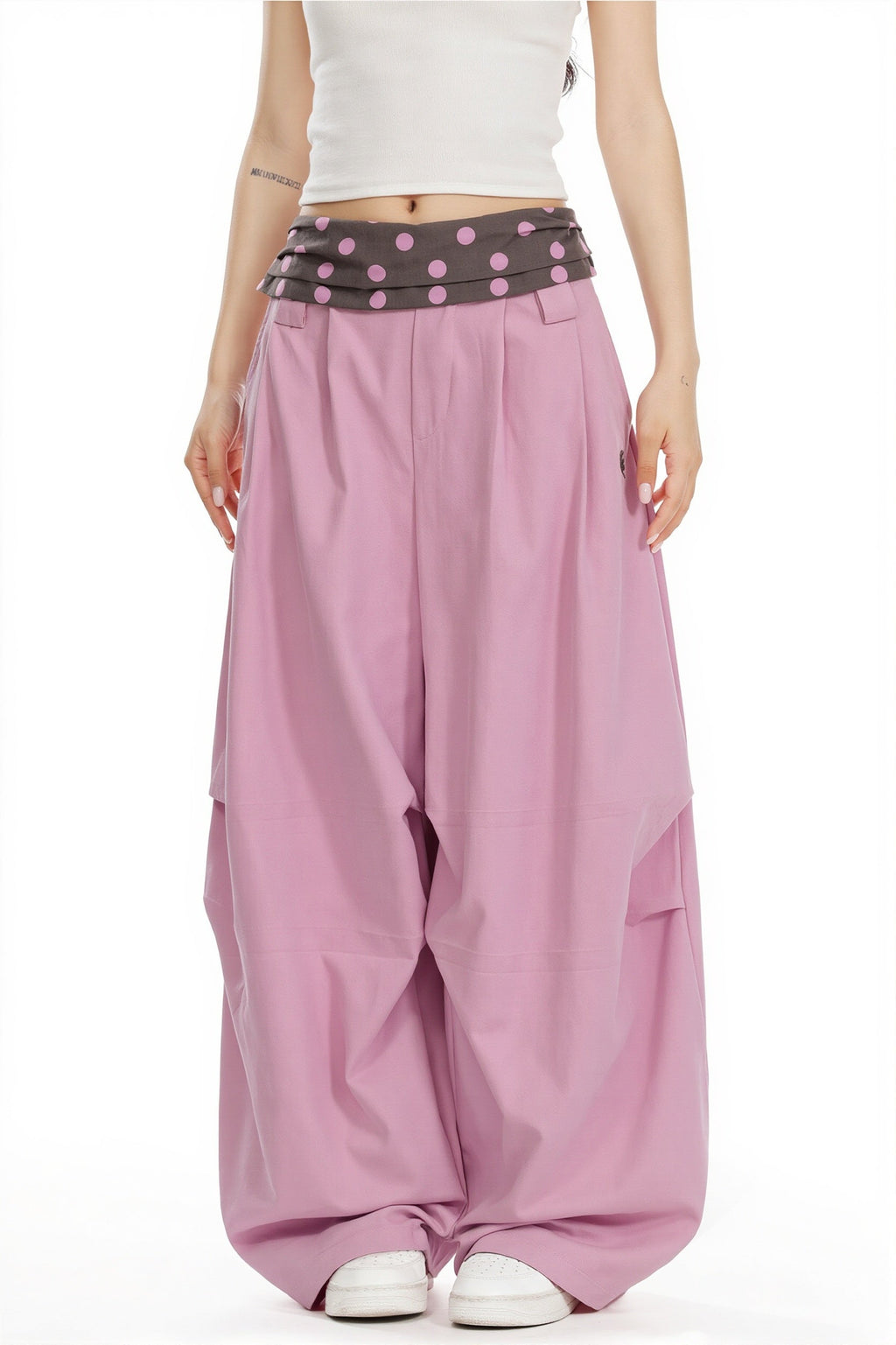 Splice Polka Dot Fold Waist Pants image 1