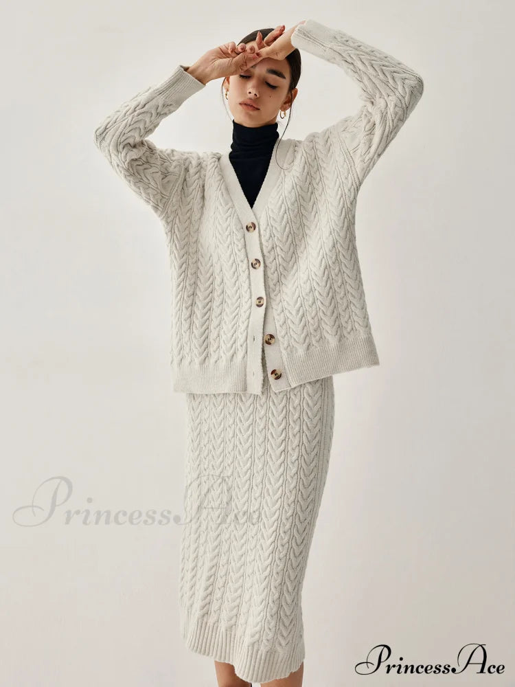 Cable Knit Cardigan Trendy With Matching Midi Skirt image 2