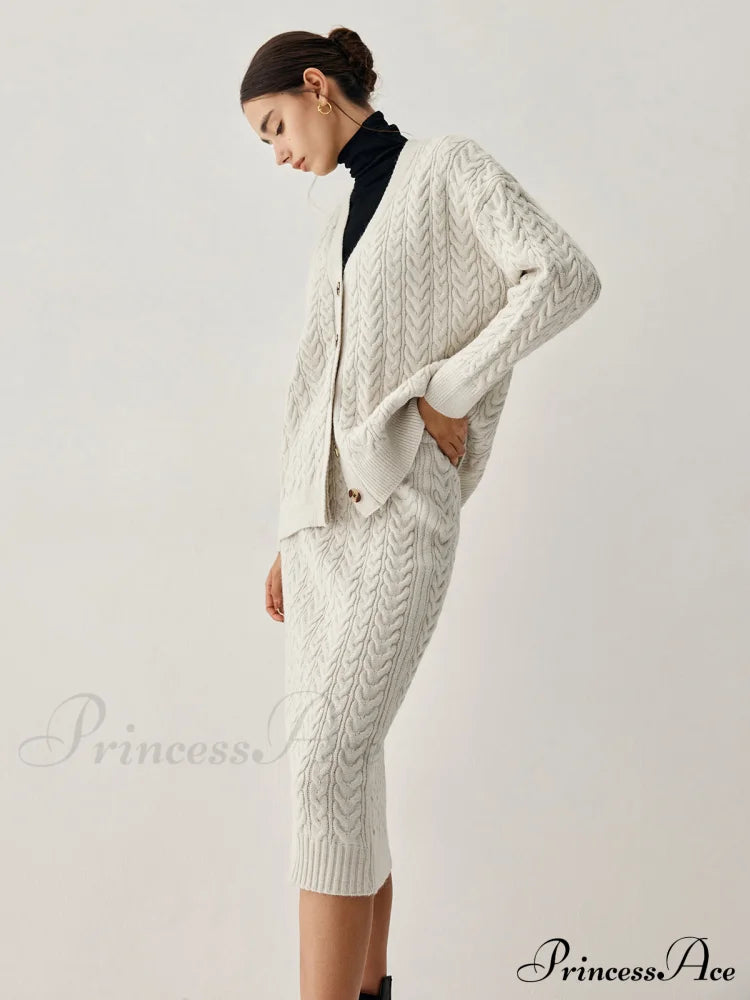 Cable Knit Cardigan Trendy With Matching Midi Skirt image 3