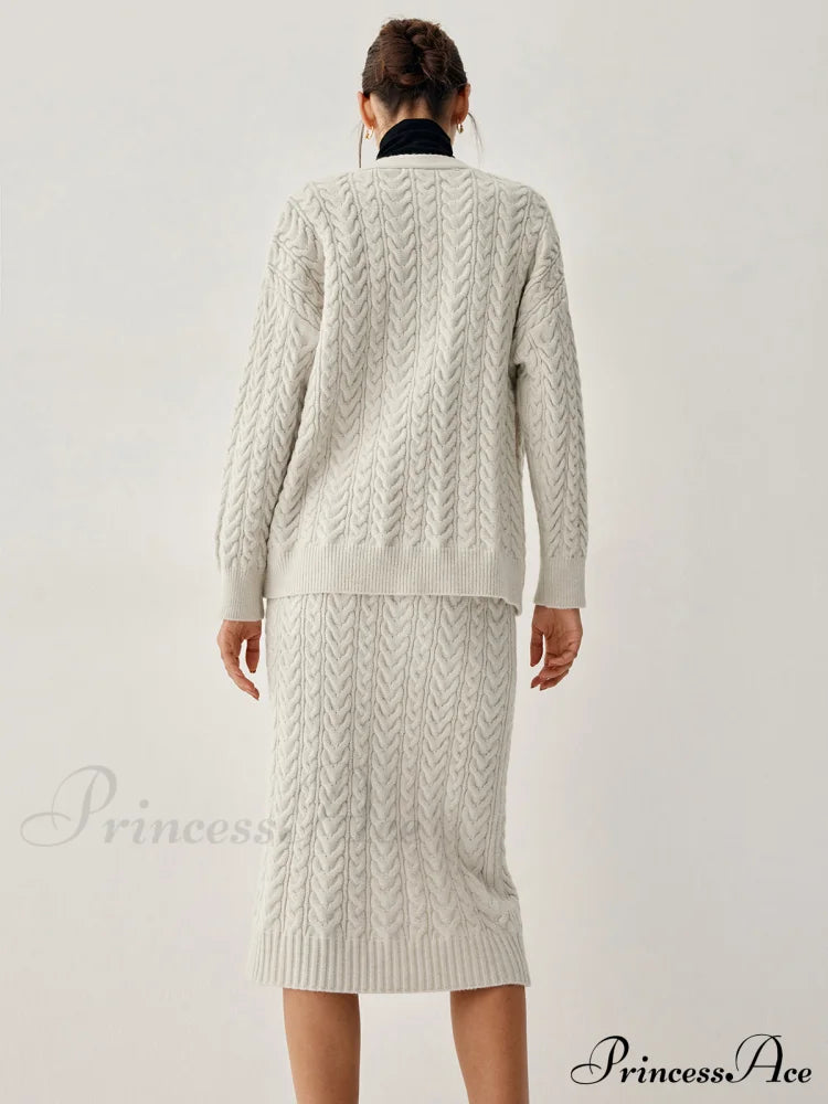 Cable Knit Cardigan Trendy With Matching Midi Skirt image 5