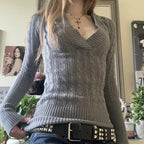 Cable Knitted Slim Fit Hooded Sweater Long Sleeve V Neck Women image 1