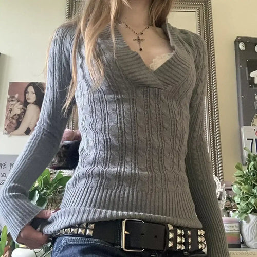 Cable Knitted Slim Fit Hooded Sweater Long Sleeve V Neck Women image 1