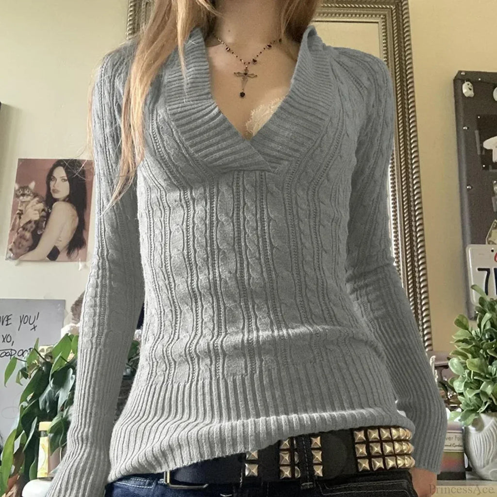 Cable Knitted Slim Fit Hooded Sweater Long Sleeve V Neck Women image 3