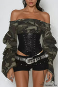 Camo Belted Off Shoulder Long Sleeve Crop Top image 1
