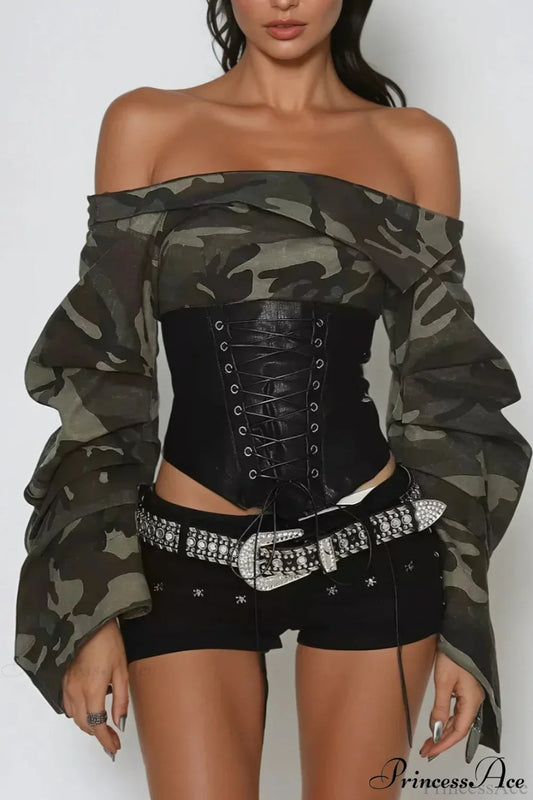 Camo Belted Off Shoulder Long Sleeve Crop Top image 1