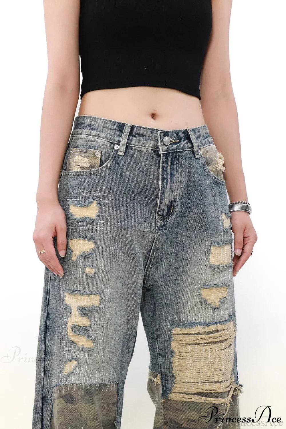 Camouflage Patchwork Distressed Wide Jeans image 3