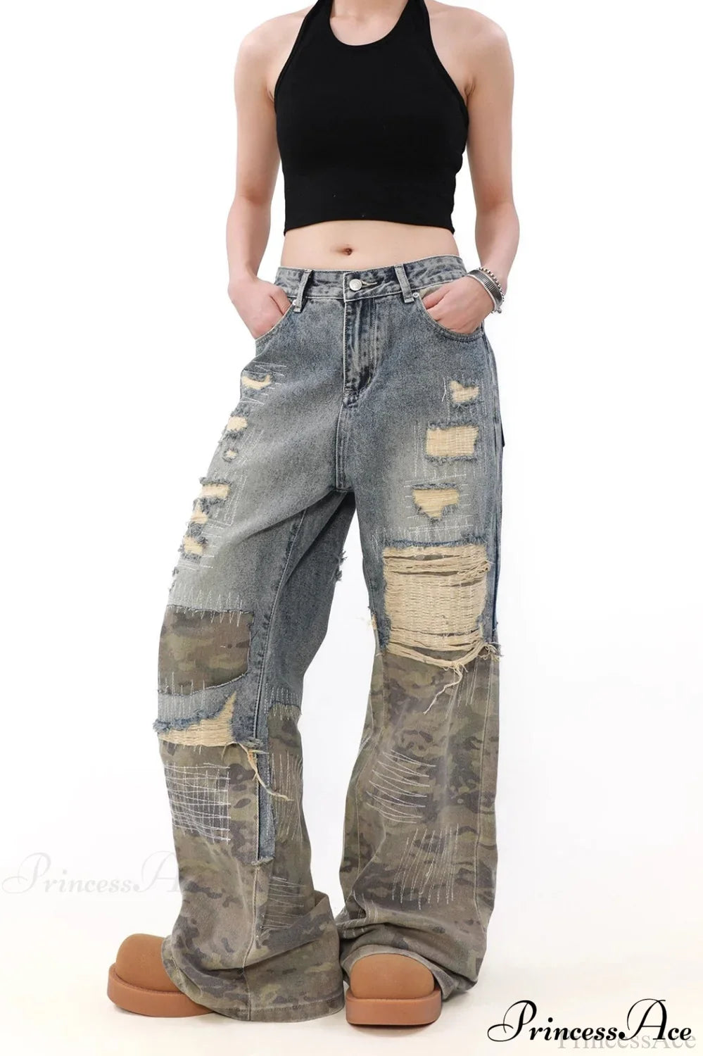 Camouflage Patchwork Distressed Wide Jeans image 1