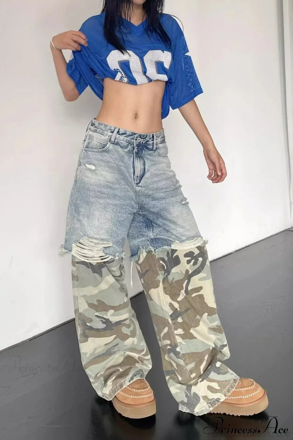 Camouflage Print Patchwork Loose Fit Streetwear Jeans image 4