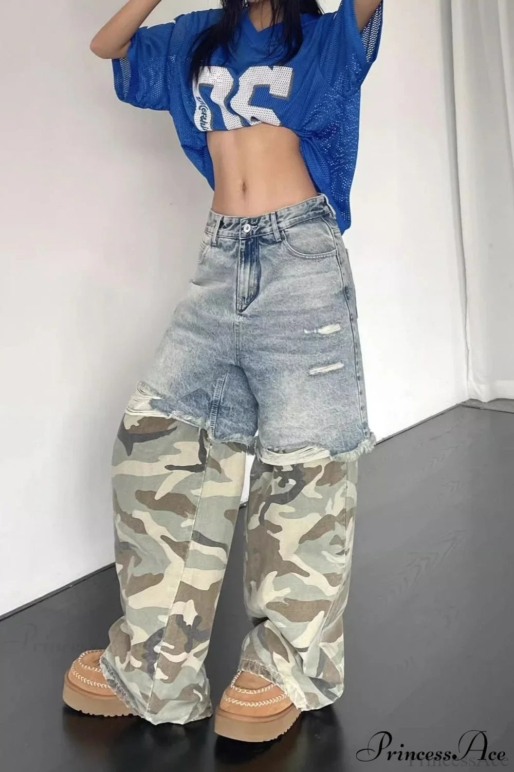 Camouflage Print Patchwork Loose Fit Streetwear Jeans image 1