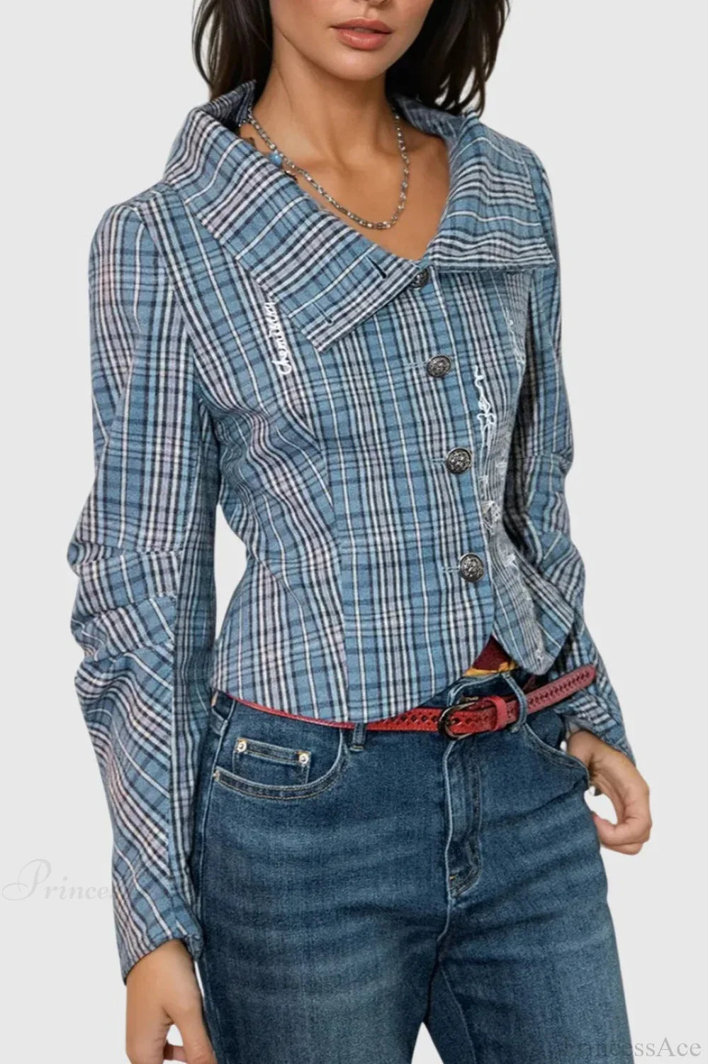 Candlestick Print Plaid Ruched Stand Collar Coat image 2