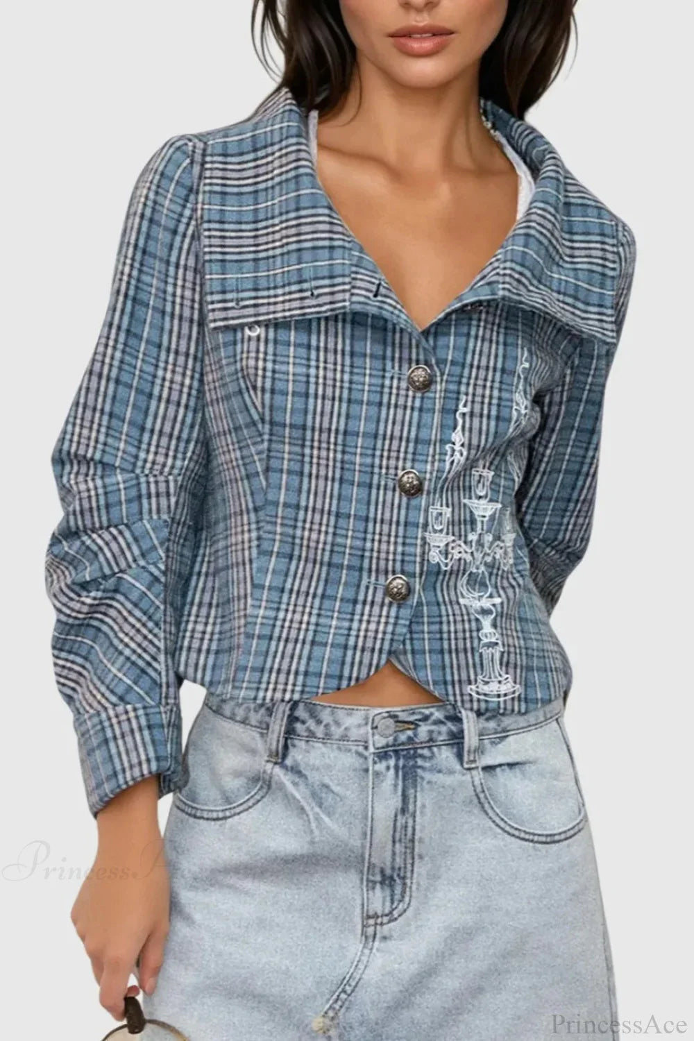 Candlestick Print Plaid Ruched Stand Collar Coat image 3