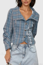 Candlestick Print Plaid Ruched Stand Collar Coat image 3