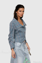 Candlestick Print Plaid Ruched Stand Collar Coat image 4