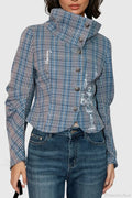 Candlestick Print Plaid Ruched Stand Collar Coat image 1