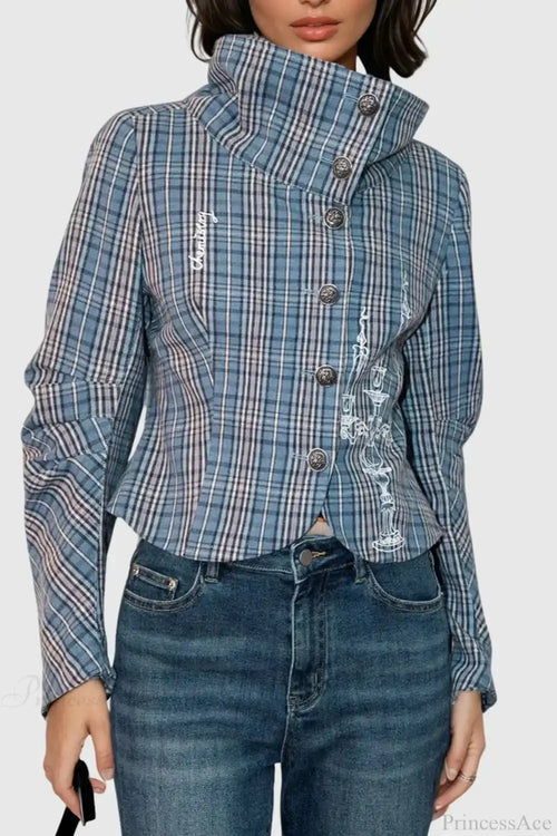 Candlestick Print Plaid Ruched Stand Collar Coat image 1
