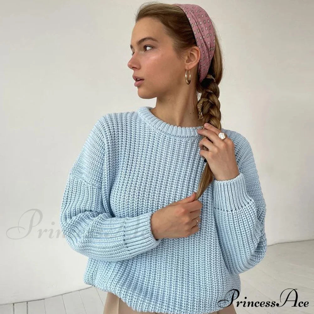 Candy Color Crewneck Trendy Pullover Sweater - Green image 3
