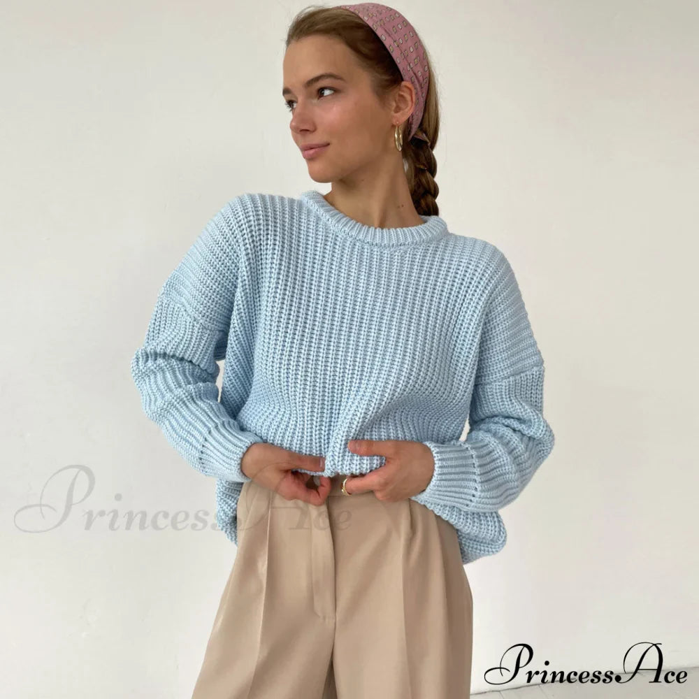 Candy Color Crewneck Trendy Pullover Sweater - Green image 1