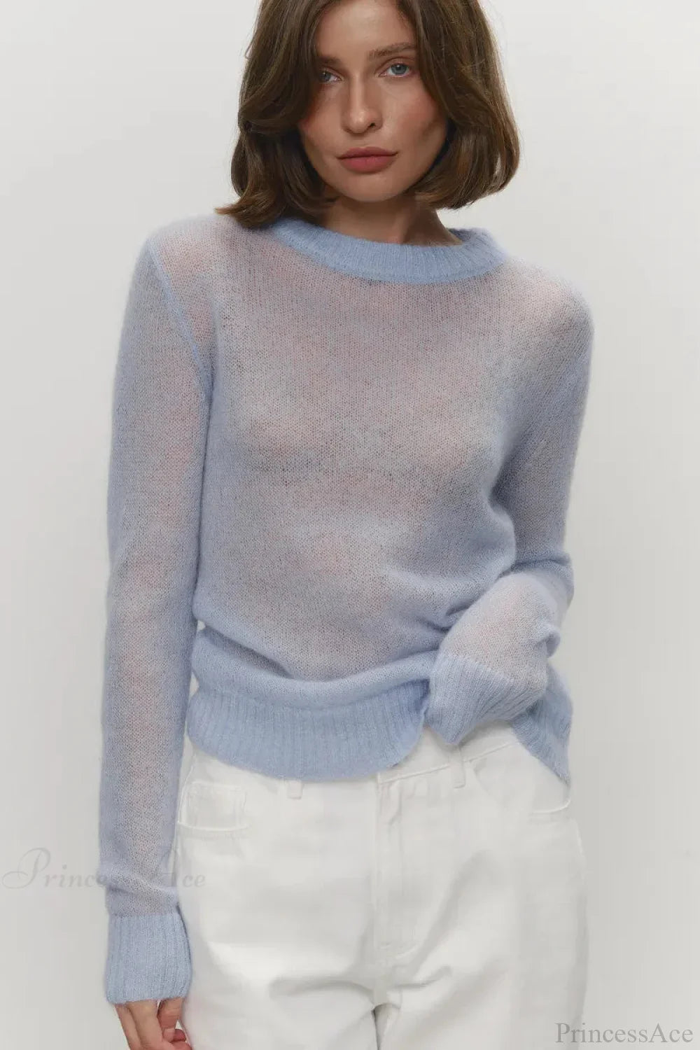 Candy Color Sheer Crew Neck Knit Sweater image 1