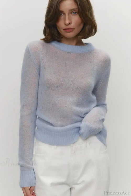 Candy Color Sheer Crew Neck Knit Sweater image 1