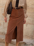 Caramel Corduroy Graceful Slit Midi Skirt image 1