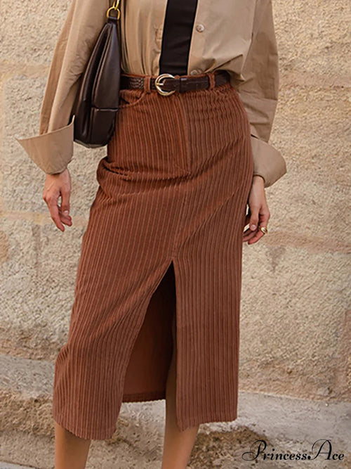 Caramel Corduroy Graceful Slit Midi Skirt image 1
