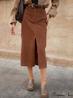 Caramel Corduroy Graceful Slit Midi Skirt image 2