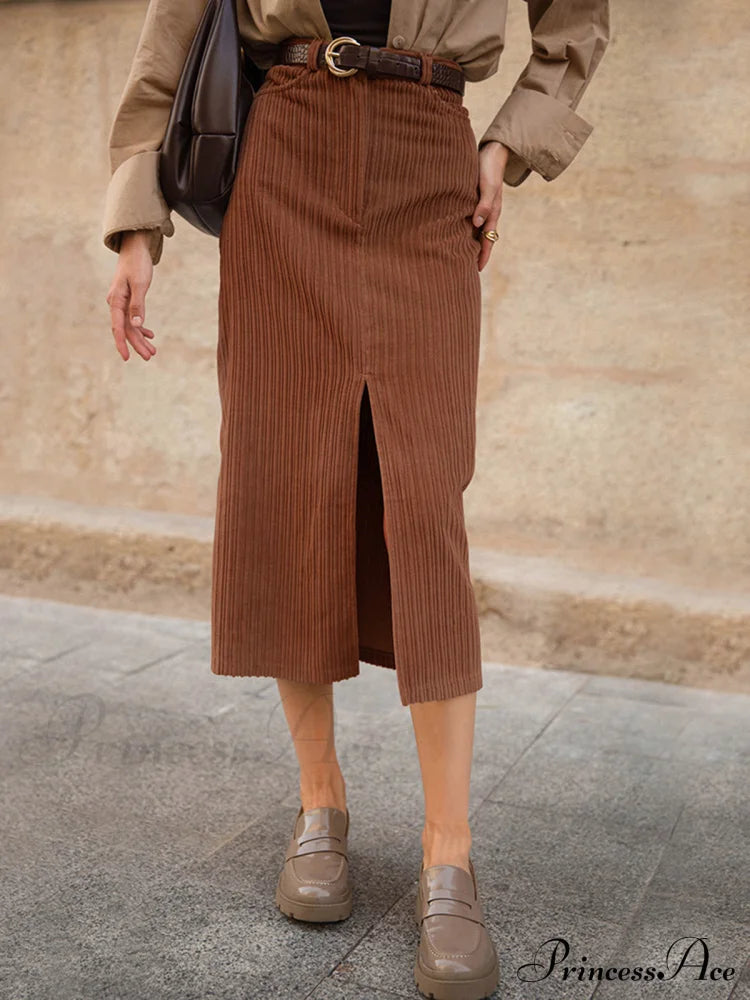 Caramel Corduroy Graceful Slit Midi Skirt image 2