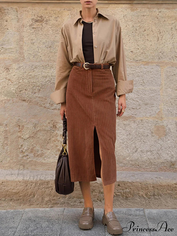Caramel Corduroy Graceful Slit Midi Skirt image 3
