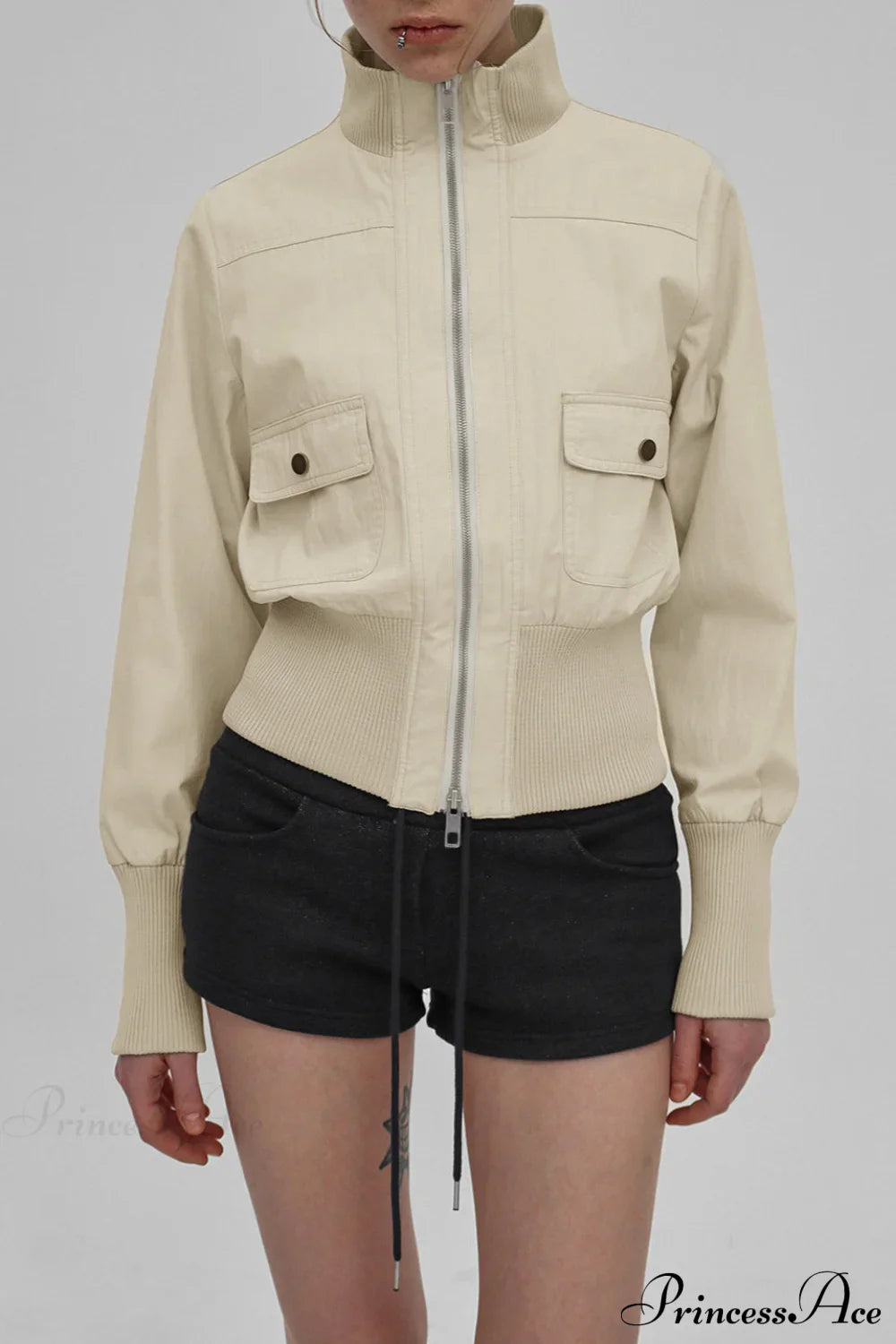 Cargo Zip Pocket Stand Collar Waist Casual Jacket image 2