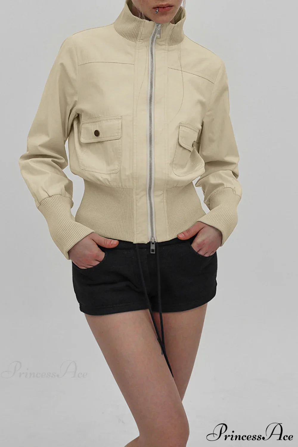 Cargo Zip Pocket Stand Collar Waist Casual Jacket image 1