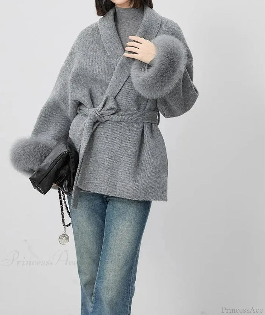 Cashmere Coat With Fur Cuffs Fox Fur Overcoat image 3