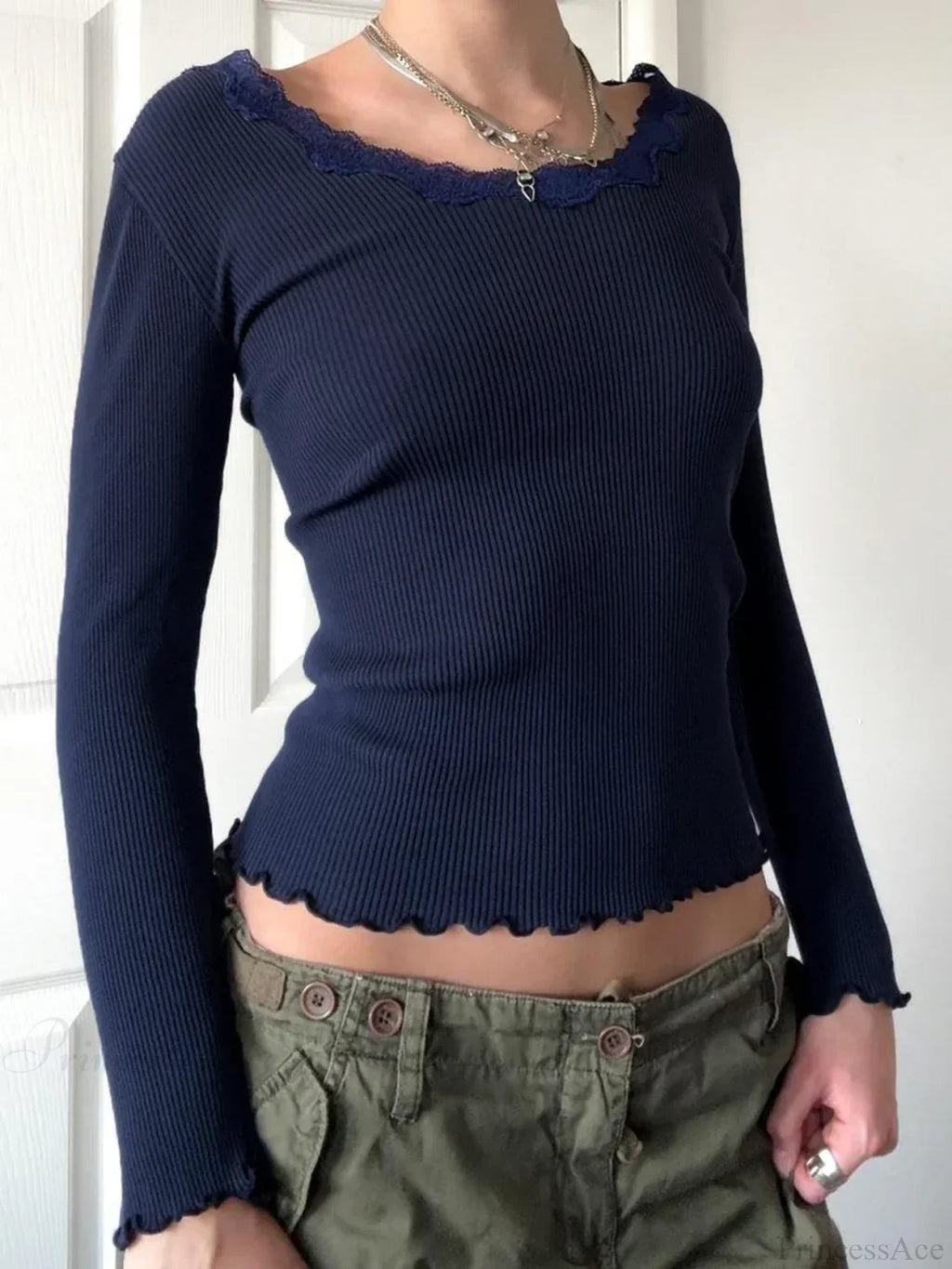 Casual Basic Lace Trim Slim Patchwork O-Neck Knit Top image 1