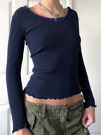 Casual Basic Lace Trim Slim Patchwork O-Neck Knit Top image 1