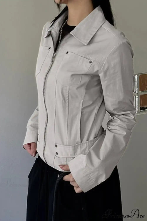 Casual Cargo Solid Lapel Zip Jacket image 2