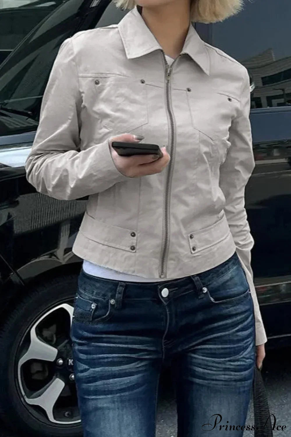 Casual Cargo Solid Lapel Zip Jacket image 1